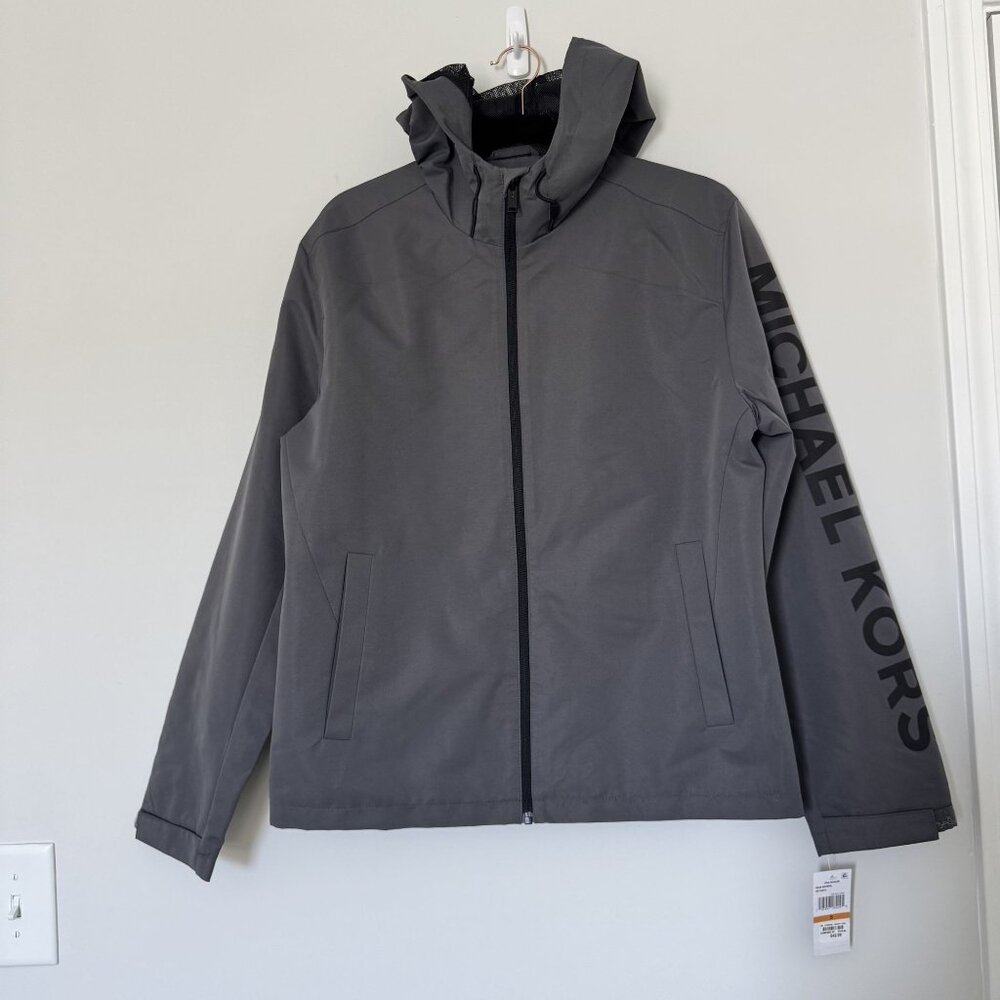 Michael Kors Mens Grey Hooded Softshell Jacket Logo Sleeve Full Zip Small NEW